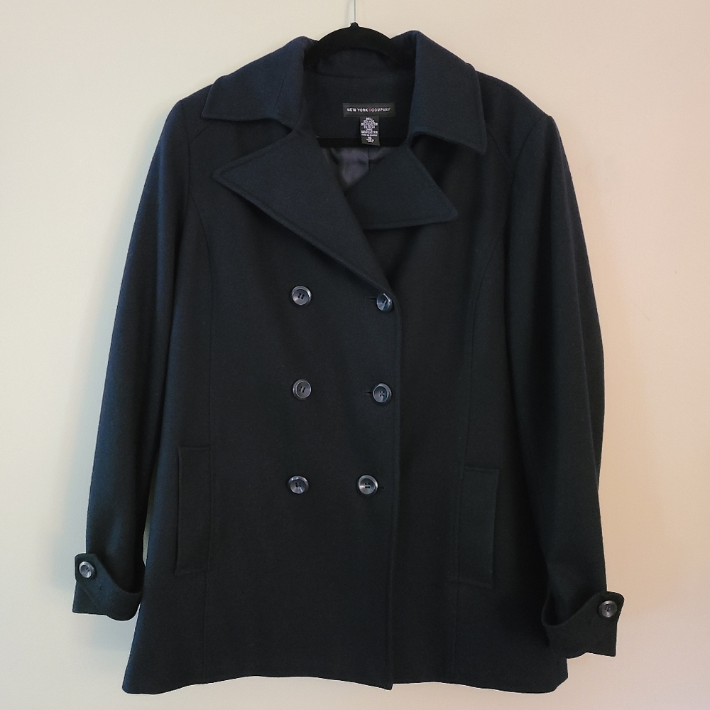 New York & Company Lined Wool Blend Navy Pea Coat 16